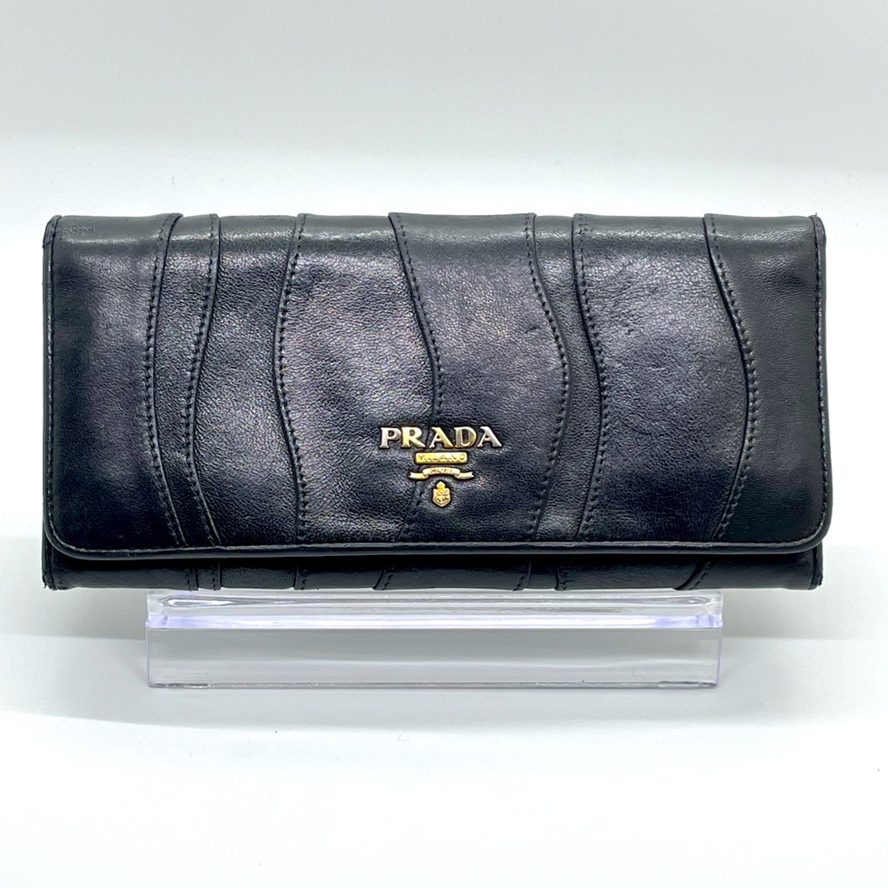 PRADA Black/Nero Nappa Leather Long Wallet stitched wave design